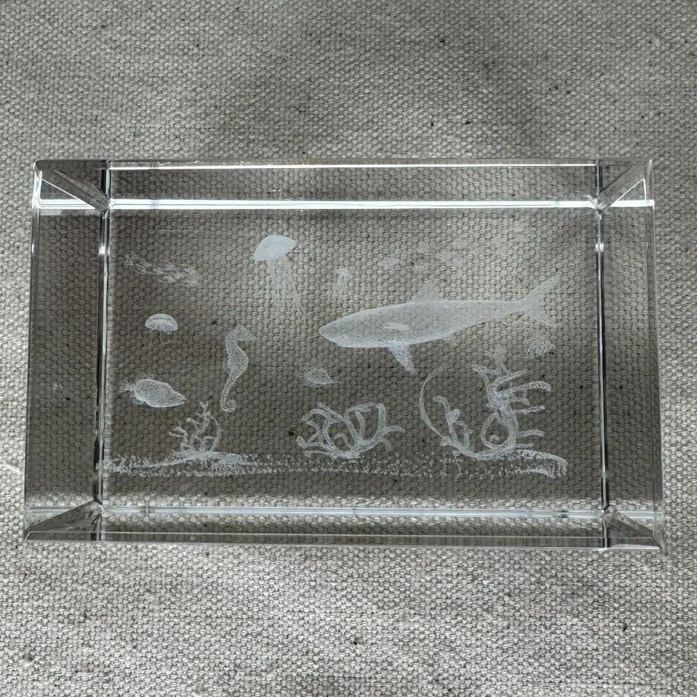 Vintage Glass Etched Laser 3D Image Cube Paperweight Underwater Scene Sea Life